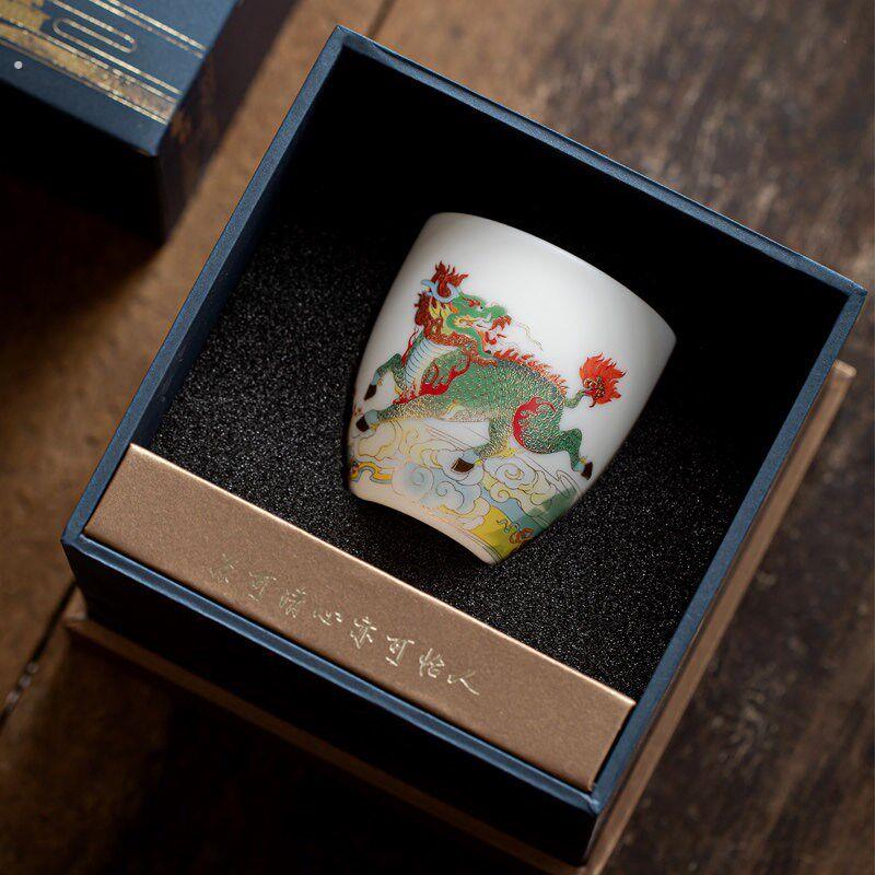 渡景山房麒麟呈祥素烧白玉瓷主人杯茶杯家用陶瓷功夫茶具品茗杯