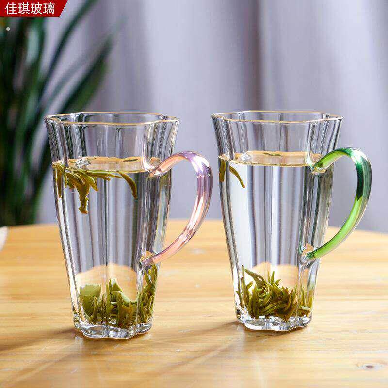日式玻璃茶杯带把手透明泡茶杯子家用大容量水杯耐高温绿茶杯