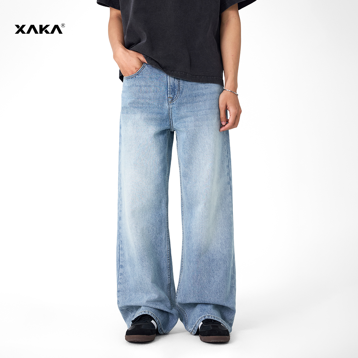 XAKA美式复古水洗做旧直筒牛仔裤