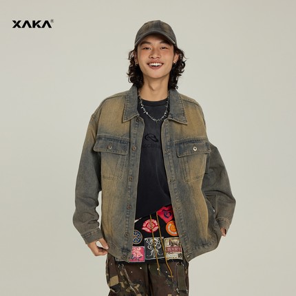 XAKA黄泥染水洗做旧牛仔外套男秋冬新款宽松休闲美式复古工装夹克