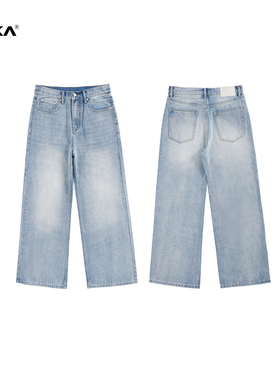 XAKA 美式复古vibe浅蓝色水洗牛仔裤男2021M宽松直筒休闲垂坠长裤