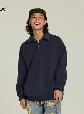 XAKA美式潮牌纯色POLO领卫衣男春秋重磅复古翻领宽松休闲长袖上衣