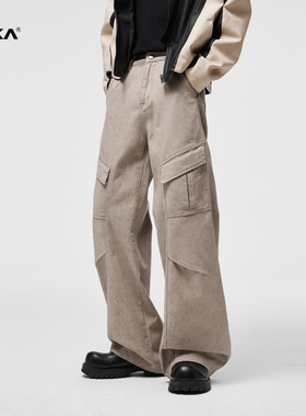 XAKA美式做旧水洗直筒牛仔裤男款复古褶皱设计廓形宽松阔腿工装裤