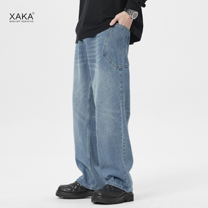XAKA2023新款美式高街宽松直筒阔腿微喇牛仔裤男复古水洗浅蓝色潮