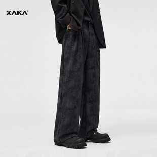 XAKA新中式灯芯绒压花休闲裤男秋冬2024新款宽松垂感拖地直筒长裤