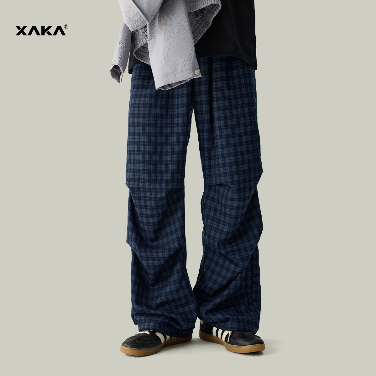 XAKA美式褶皱小众百搭直筒格子裤