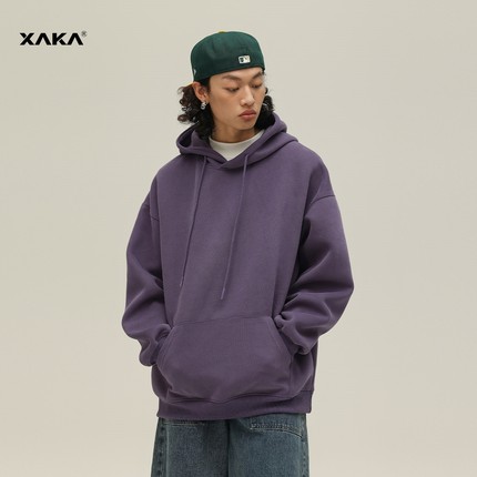 XAKA美式紫色连帽卫衣男秋宽松纯色基础款慵懒风oversize休闲帽衫