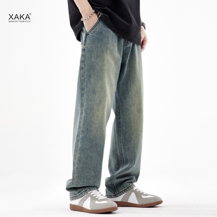 男美式 复古潮牌休闲宽松阔腿长裤 水洗做旧直筒牛仔裤 XAKA2024新款