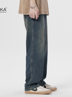 XAKA2024春季新款美式复古宽松阔腿牛仔裤男水洗做旧直筒宽松长裤