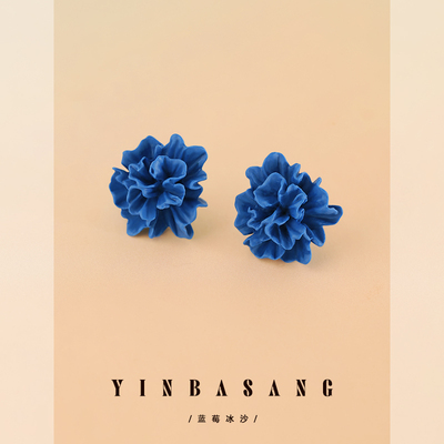 冷淡风克莱因蓝色花朵耳钉新款