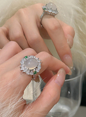 新中式戒指女款白底鸽子蛋食指戒轻奢复古个性气质指环