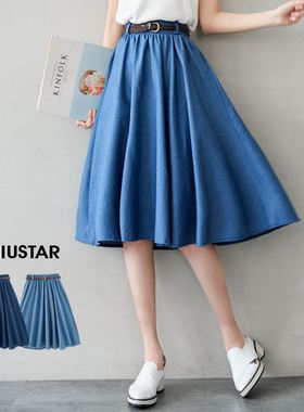 2022日韩气质复古A字牛仔半身裙松紧高腰文艺大码伞摆百褶中长裙