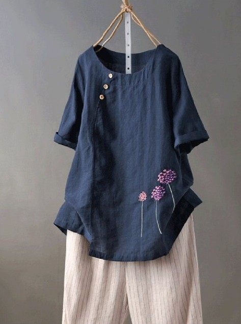 棉麻女装上衣2021夏季新款大码宽松短袖文艺亚麻套头印花棉T恤女