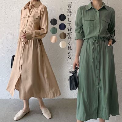 春季新款日韩式外贸无袖口袋长袖中长款休闲翻领连衣裙衬衫DRESS