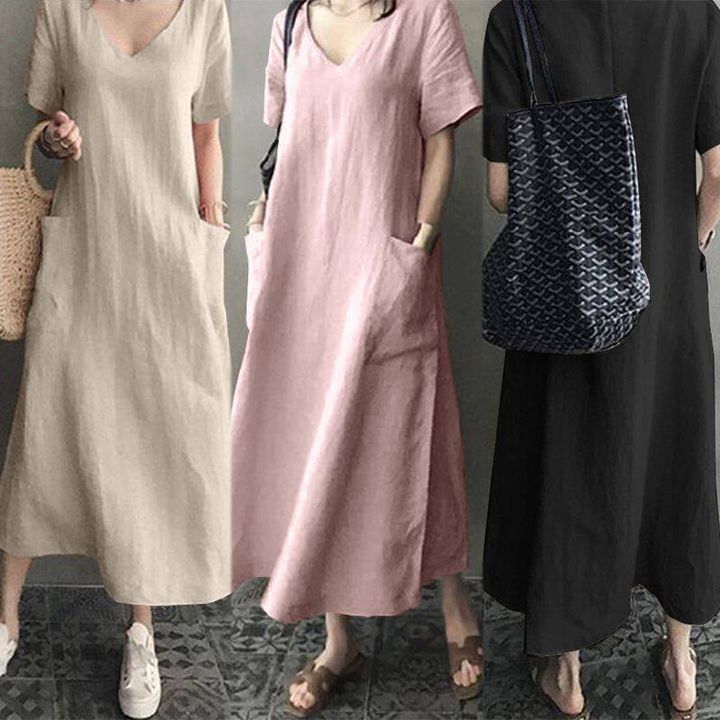 欧美风夏季新款大码女装速卖通V领显瘦大口袋短袖宽松连衣裙DRESS