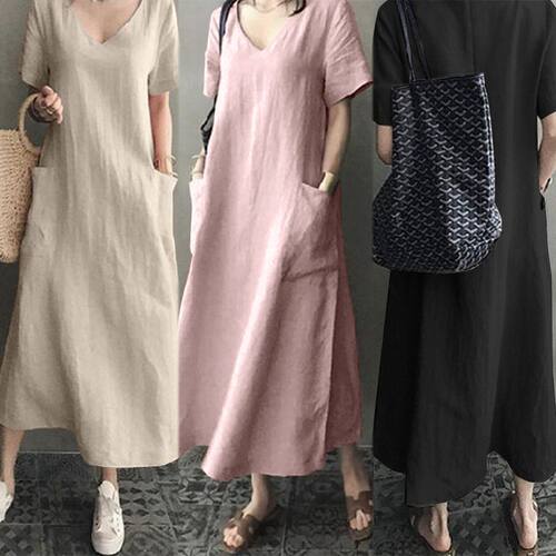 欧美风夏季新款大码女装速卖通V领显瘦大口袋短袖宽松连衣裙DRESS