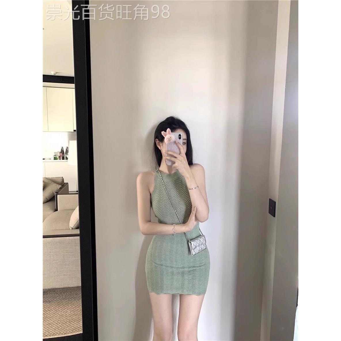 绿色针织背心连衣裙为妇女夏季欧洲腰裙热女孩臀裙无袖紧身短裙