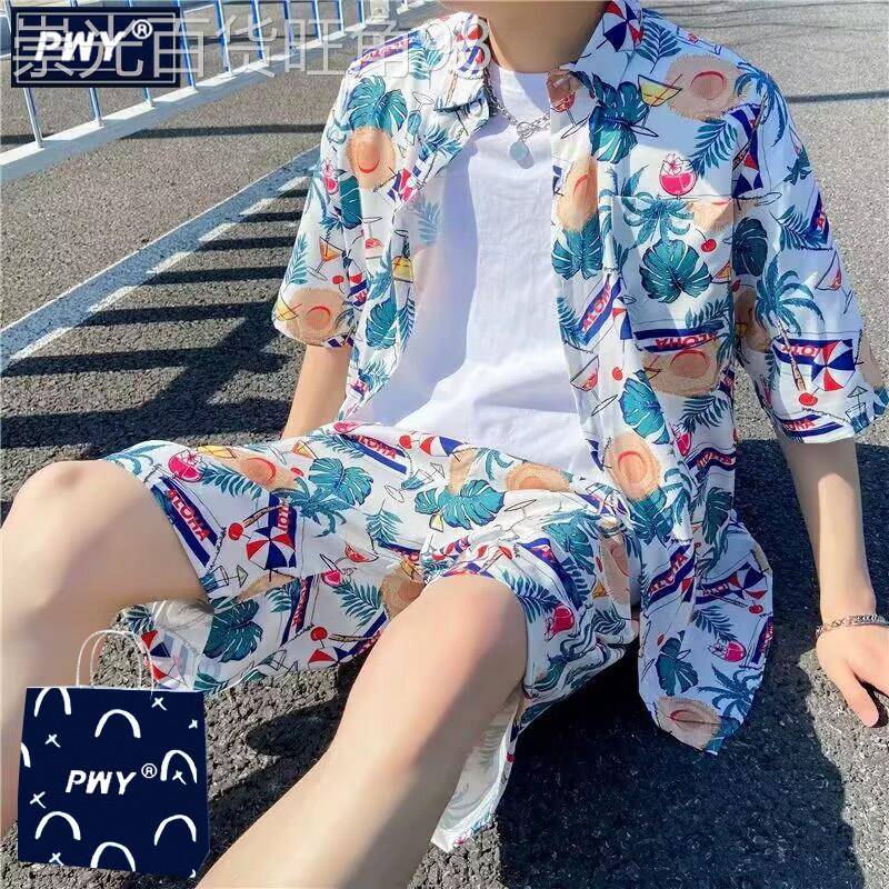 潮牌沙滩碎花衬衫短袖套装男夏季薄款海边度假旅行衣服短裤两件套图片