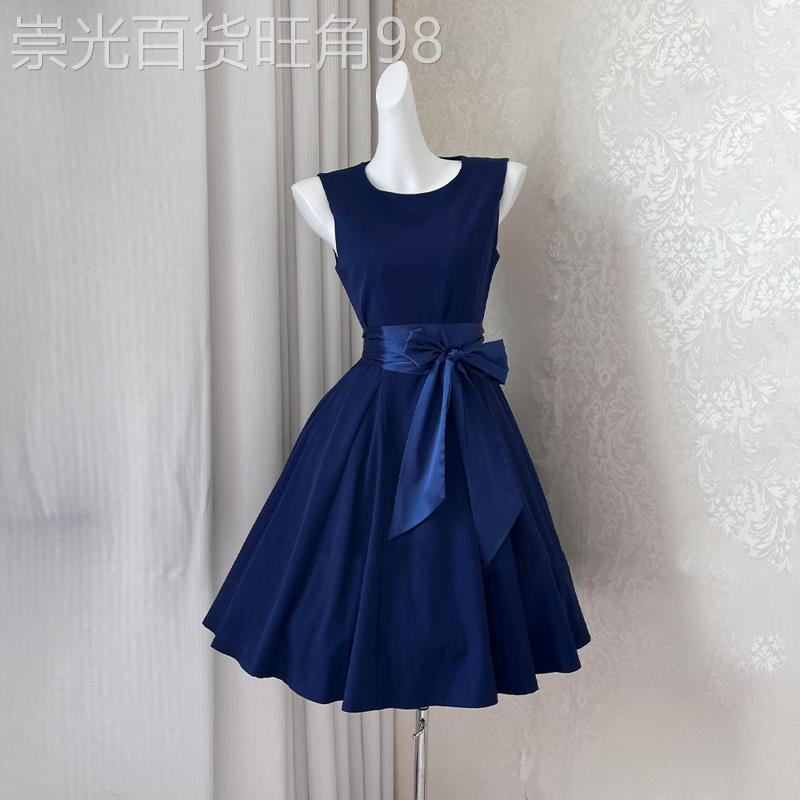 专柜蓝色礼服无袖背心洋装女夏季新款法式气质收腰蝴蝶结中长裙