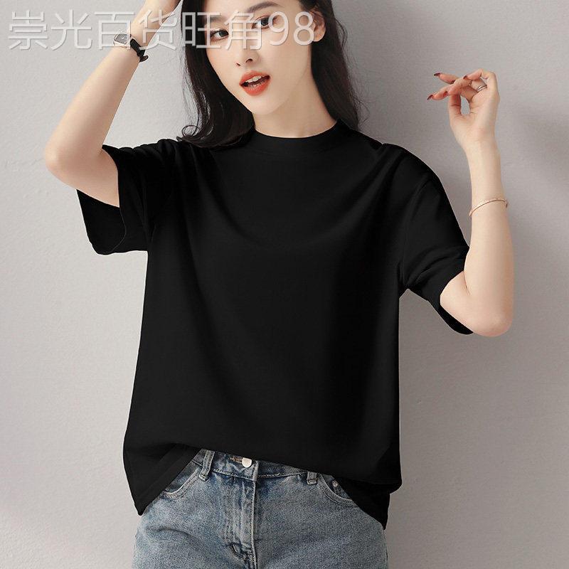 黑色半高领短袖t恤女纯棉夏季薄款设计感打底衫上衣大尺码宽松T恤