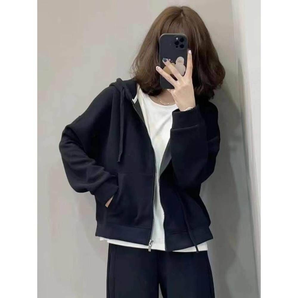 卫衣外套女春秋2025新款宽松慵懒风短款百搭休闲加绒连帽拉炼上衣