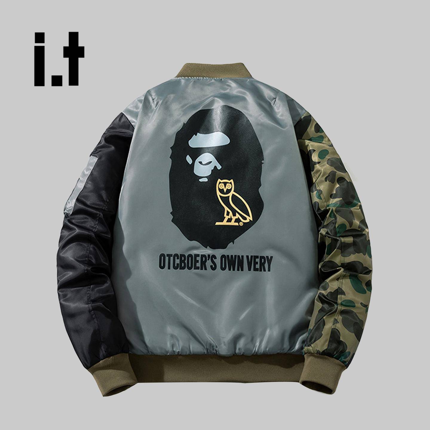 香港it潮牌美式猫头鹰迷彩拼接ma1飞行员夹克男女棒球服棉衣外套