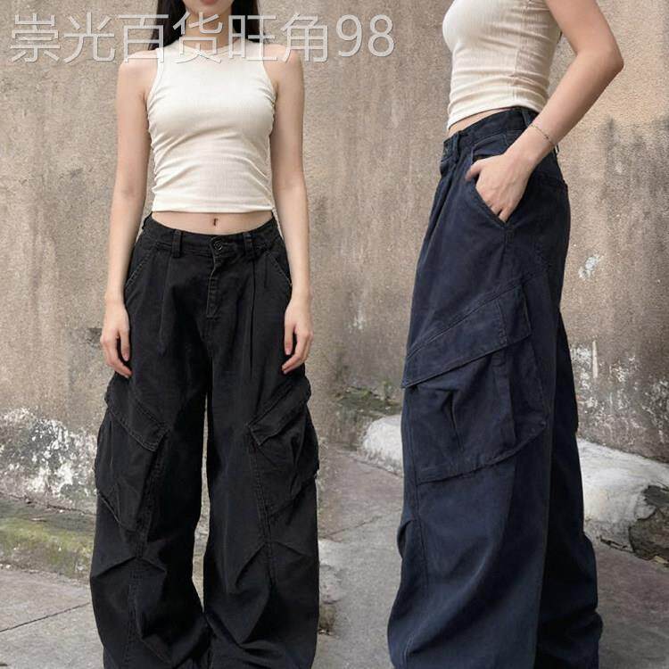 纯棉工装阔腿裤女春秋季2026新款大码胖mm美式复古直筒拖地休闲裤