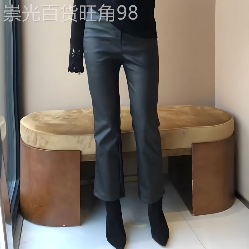 时尚通勤风黑色PU皮裤女2025秋季新款修身直筒高腰显瘦九分长裤潮