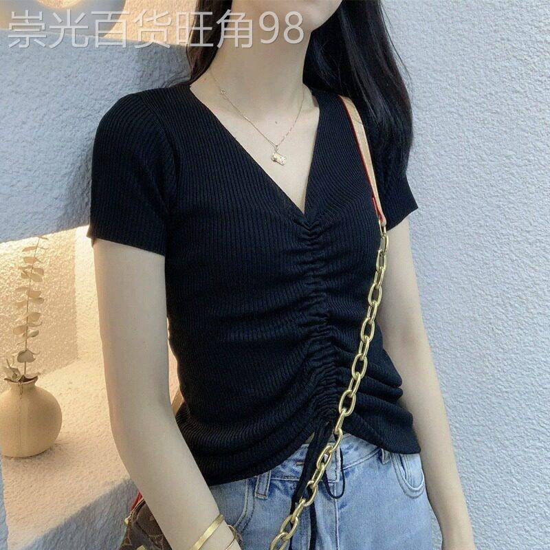 V领短袖冰丝针织T恤女夏季薄款韩版时尚抽绳系带修身显瘦短款上衣