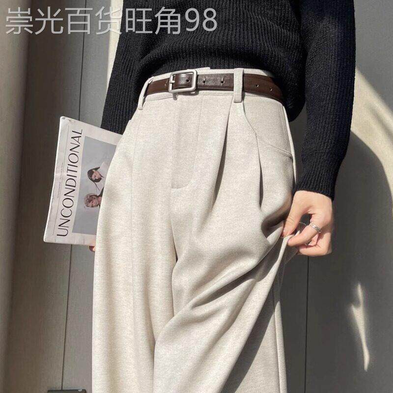 加绒毛呢裤子女宽松直筒秋冬季2025新款高腰显瘦小个子窄版阔腿裤