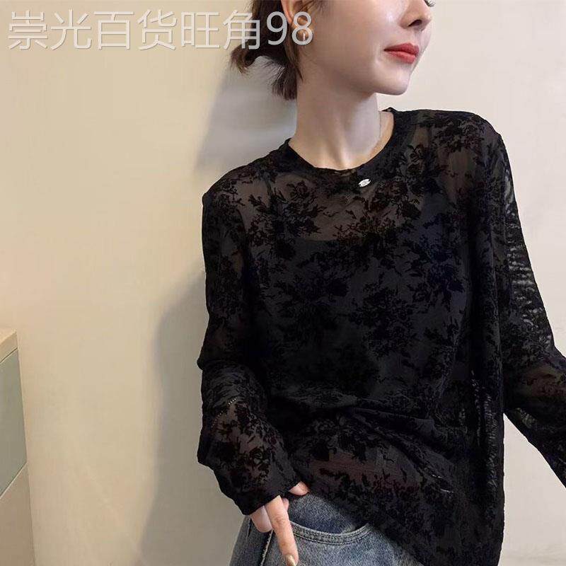 韩版时尚提花圆领长袖蕾丝衫女2026春秋新款宽松显瘦休闲套头上衣