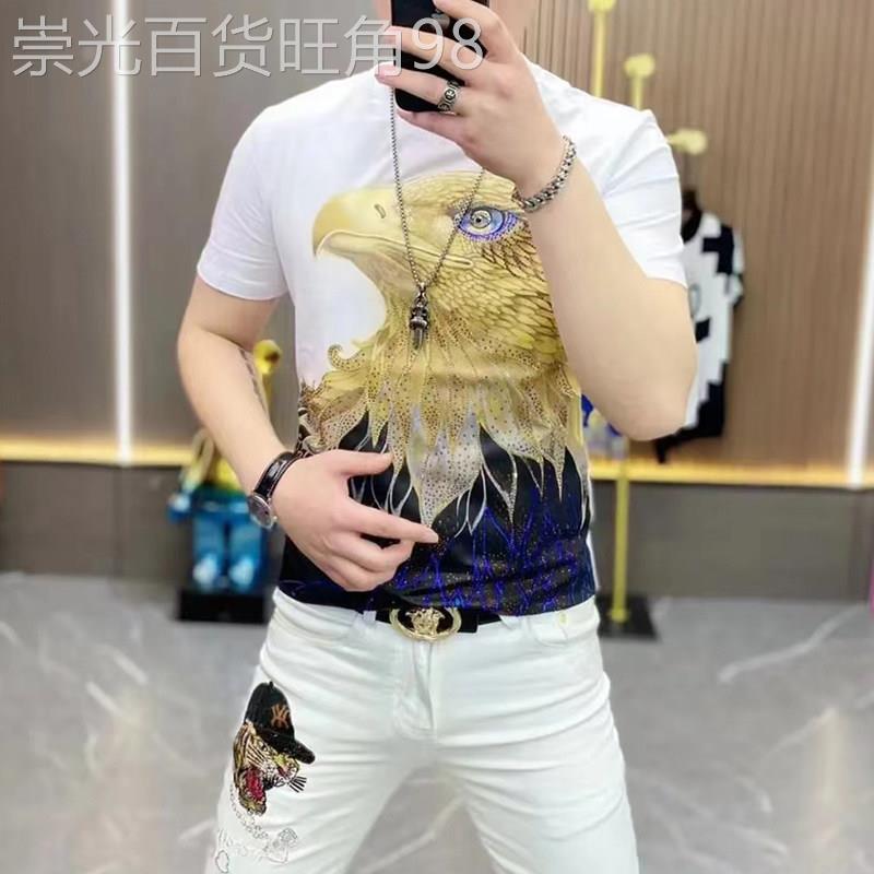 欧洲站男士短袖T恤2026夏季新款丝光棉老鹰印花烫钻圆领修身上衣