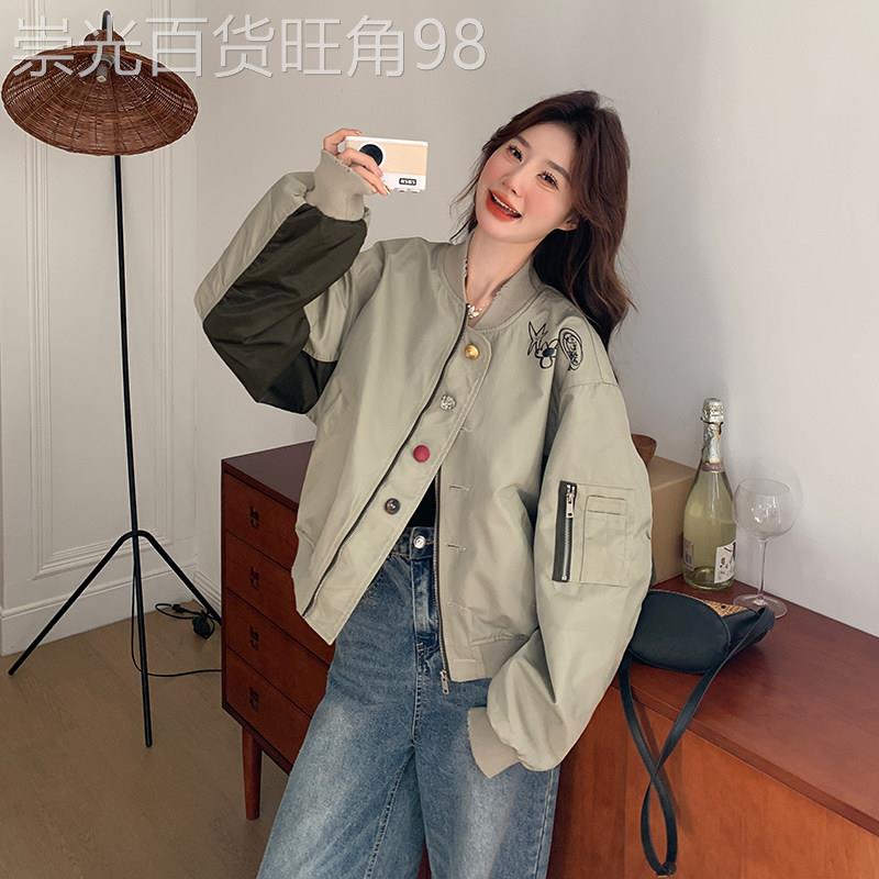 绿色美式复古棒球服外套女春秋2026新款拼接设计感休闲飞行夹克潮
