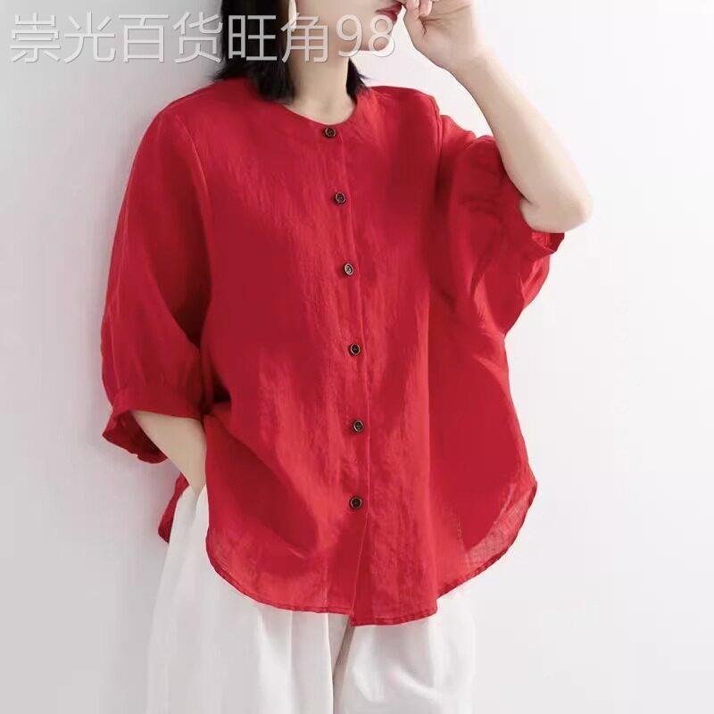 棉麻衬衫女夏季薄款2025新款宽松圆领显瘦灯笼袖文艺覆古中袖上衣