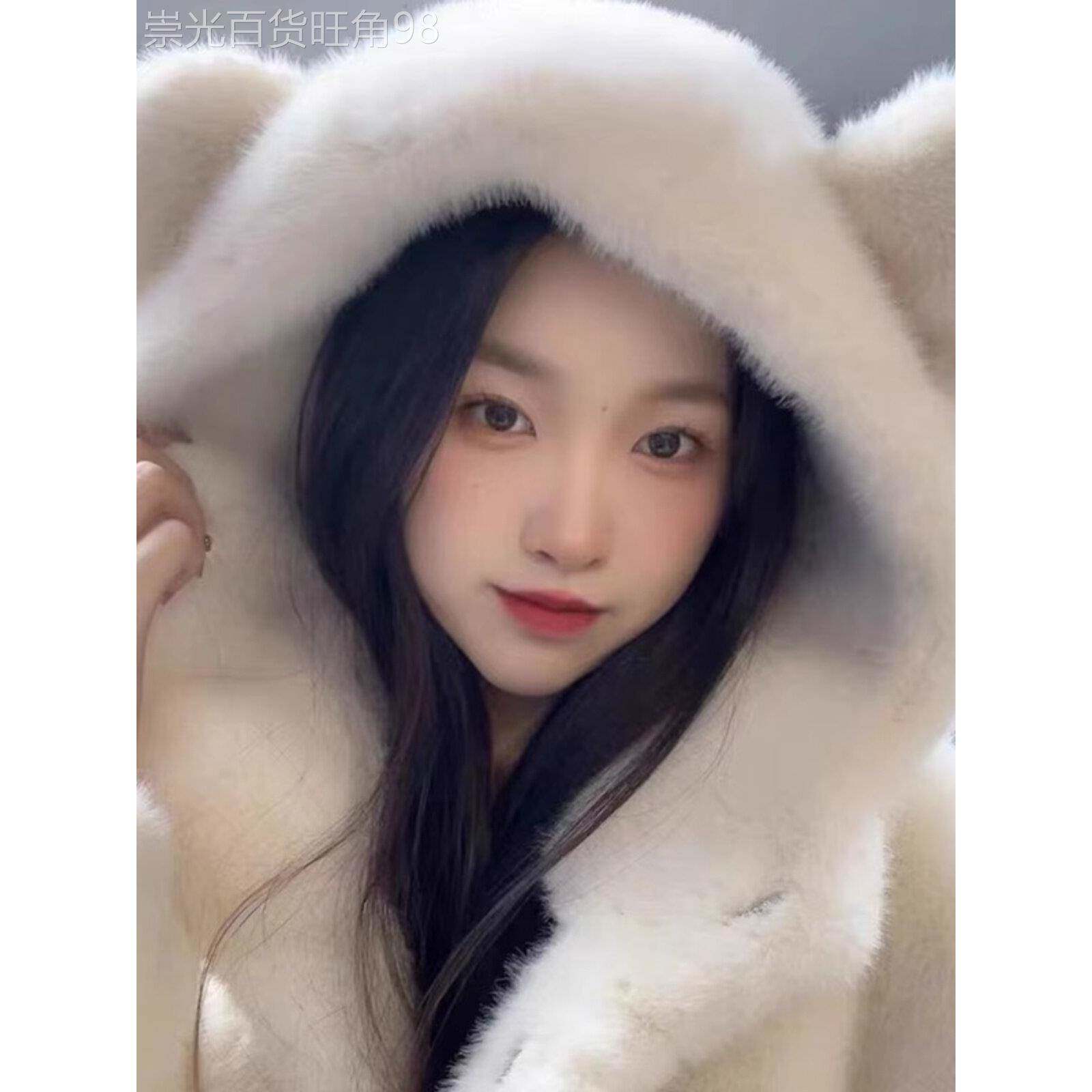 韩国女装冬季奶白小熊耳朵羊羔毛外套高定水貂毛短款保暖连帽大衣
