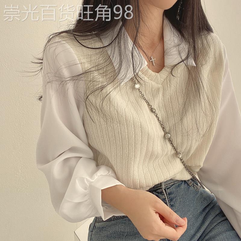chic法式复古时尚针织假两件拼接短款衬衫女春装新款泡泡袖上衣女