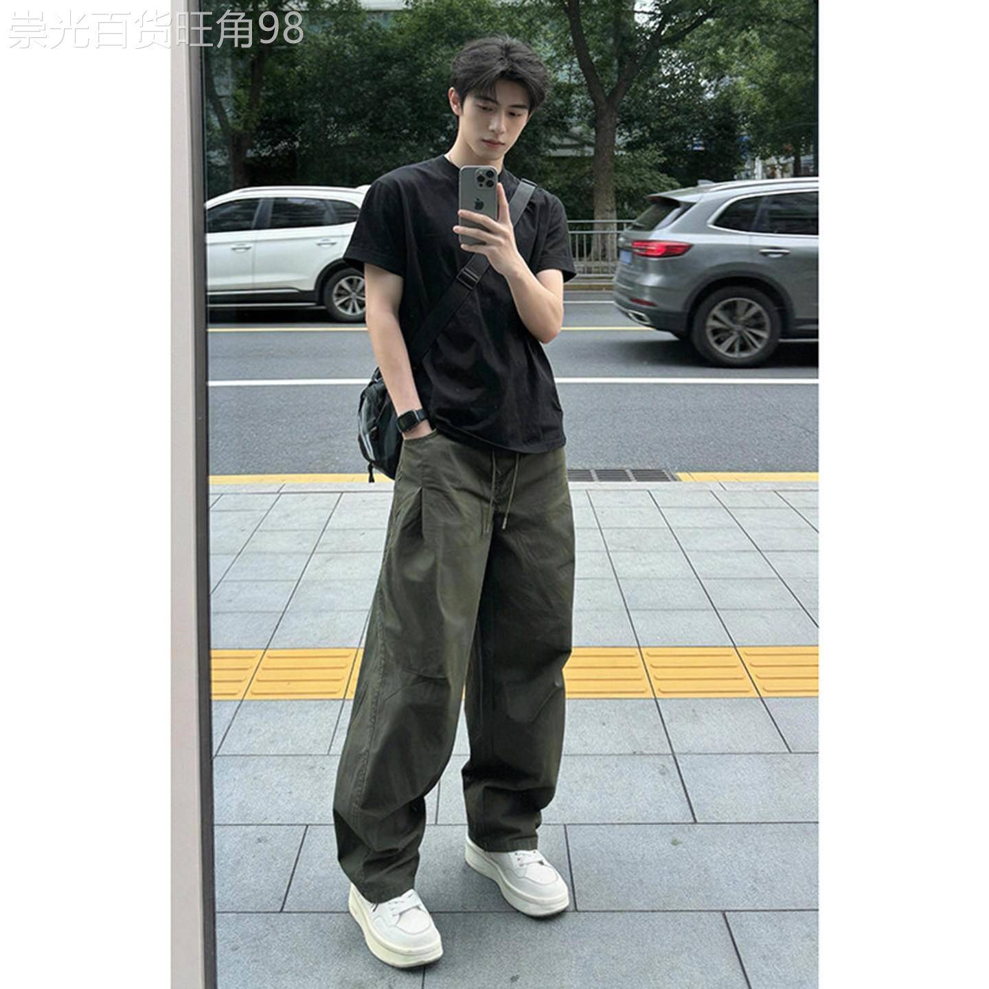 纯棉休闲运动套装男夏季美式潮牌宽松圆领短袖长裤男装穿搭两件套