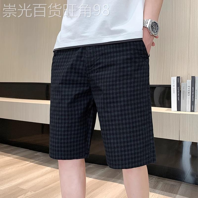 纯棉短裤男士夏季薄款潮牌痞帅百搭格子六分裤子宽松直筒休闲中裤