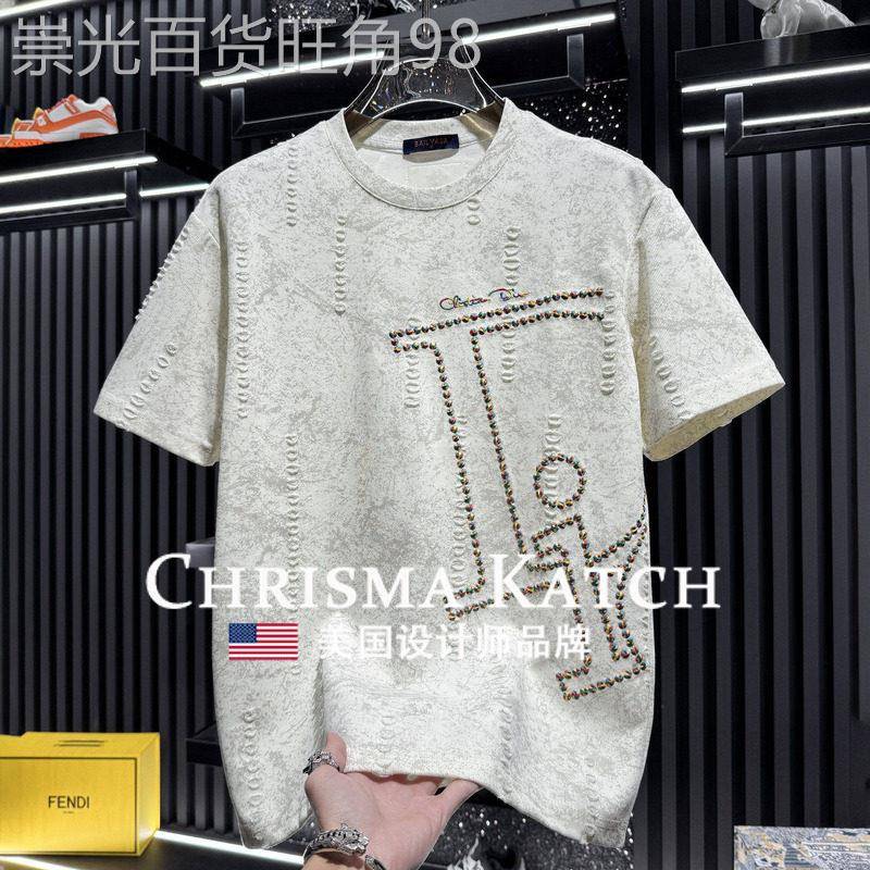 出口美国⭐Chrisma Katch~高端刺绣破洞圆领短袖T恤轻奢半袖上衣