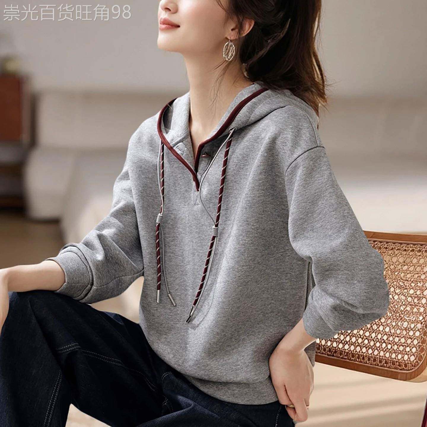 撞色连帽系带卫衣女士2026年秋季新款宽松显瘦慵懒风加厚上衣外套