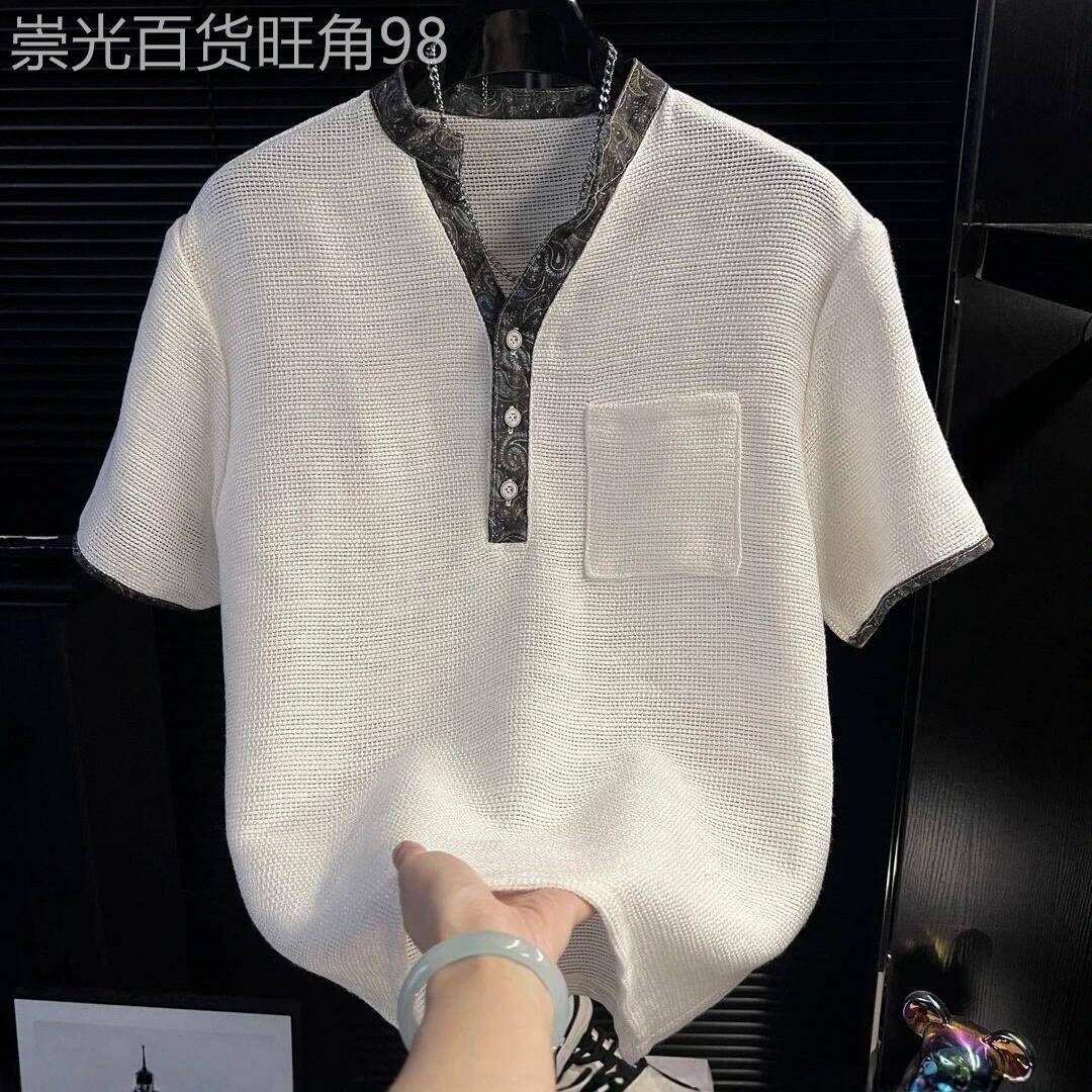 潮牌韩版宽松百搭休闲风立领短袖T恤男夏季潮流时尚简约上衣T恤