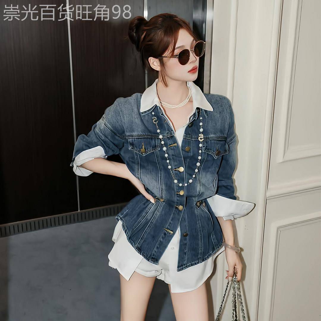 韩系气质翻领牛仔外套女2025秋季款设计感又酷又飒的短款夹克上衣