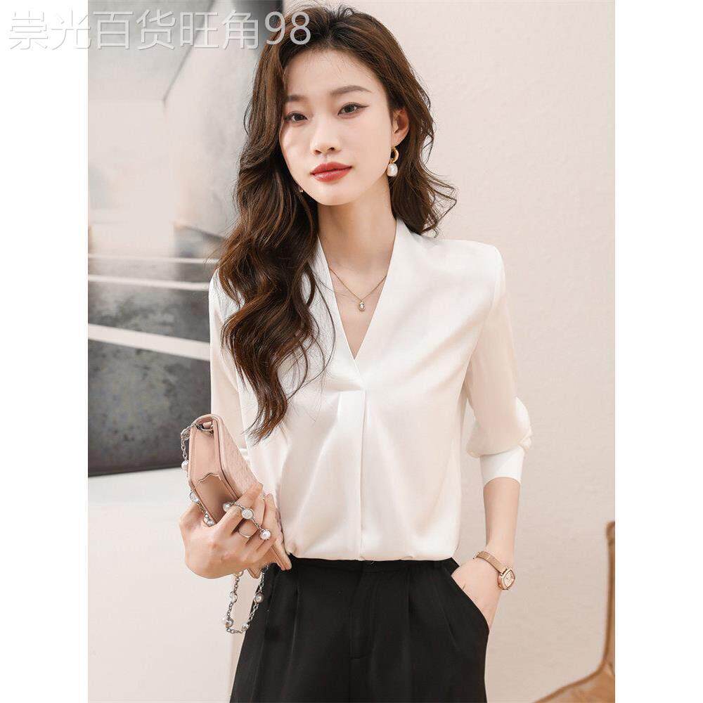 白领职业衬衣女春秋夏新新款重磅V领白色长袖衬衫缎面桑蚕丝上衣