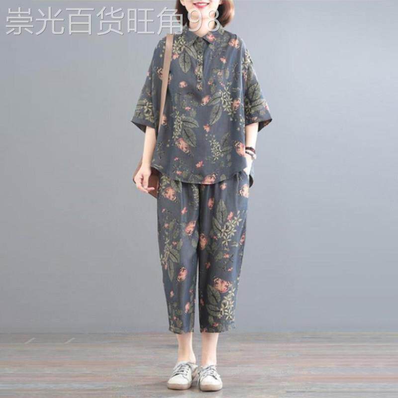 中老年女装妈妈夏装棉麻套装女2026年新款复古宽松大尺码上衣两件