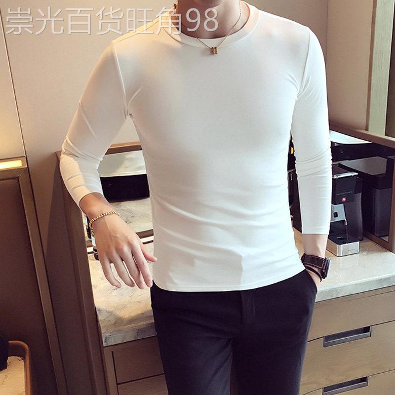 香港男长袖t恤2025春秋新款白色紧身内搭潮流韩版圆领打底衫