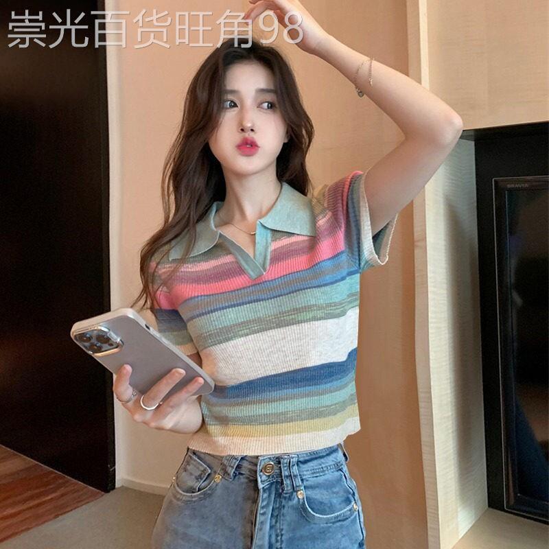 今年流行彩虹条纹翻领针织短袖T恤女2026新款夏装短款修身polo衫
