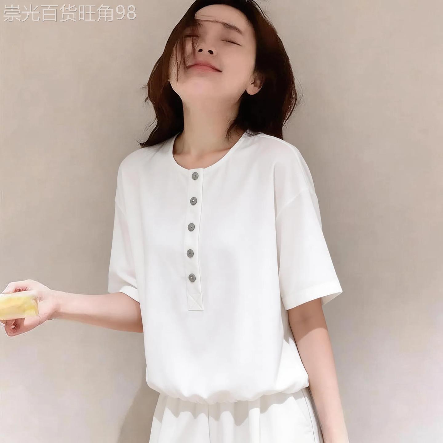 韩国学院风减龄百搭设计感扣子短袖T恤女夏新款气质宽松白色上衣