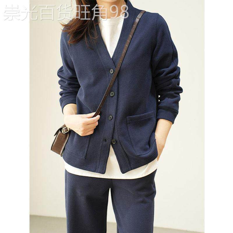 藏青色V领卫衣开衫女夏季2026年新款文艺复古慵懒风百搭休闲外套