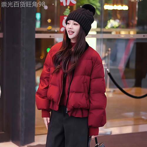 韩版时尚洋气红色羽绒服女短款冬季新款白鸭绒荷叶花边面包服外套