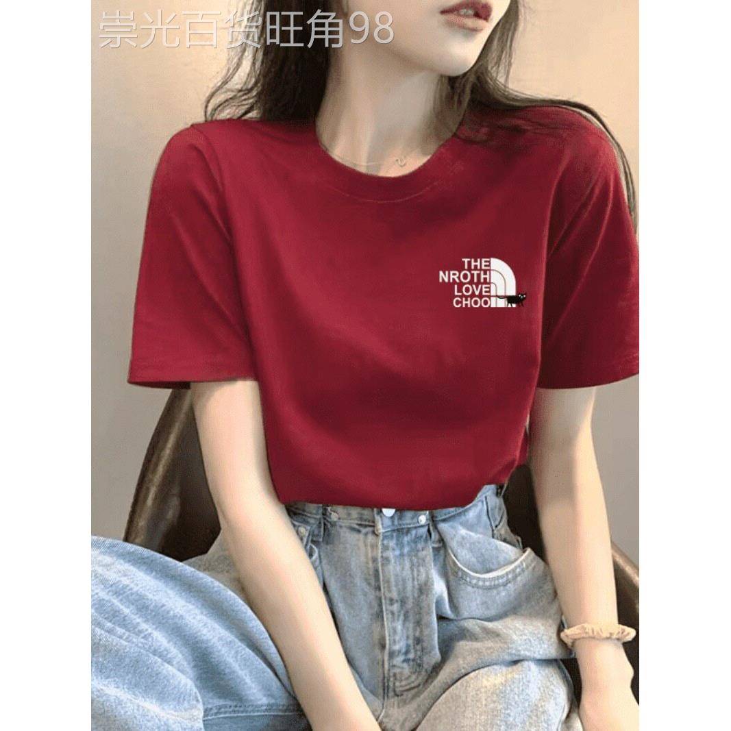 高端复古红色短袖t恤女2026新款春夏季纯棉百搭体恤小个子港风ins